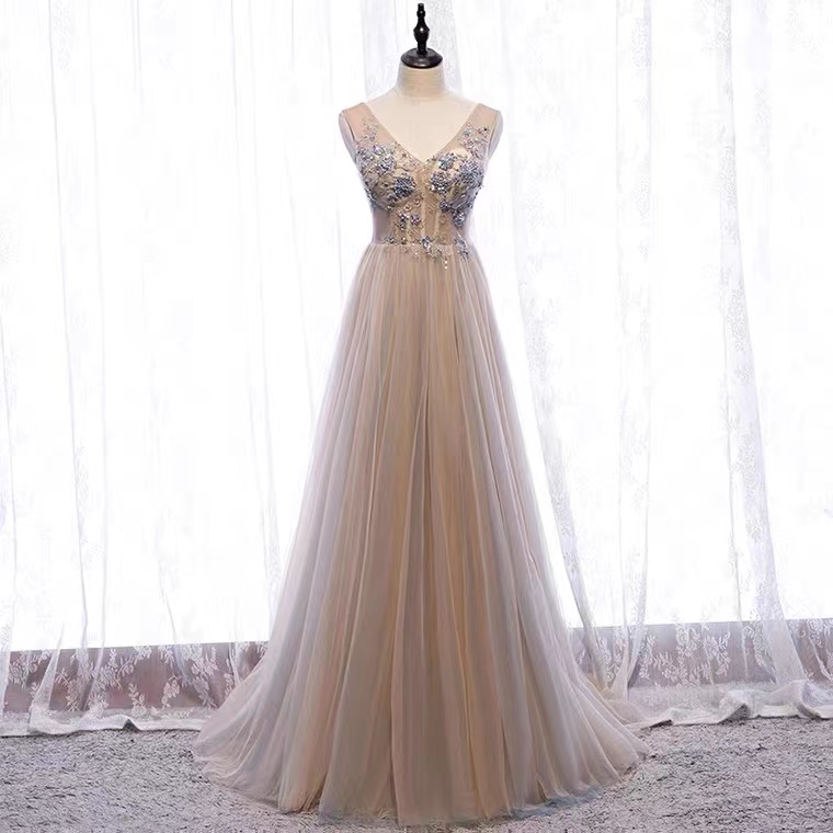 Sexy,gray party dress,v-neck fairy prom dress with applique