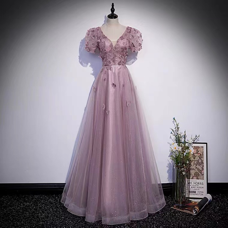 Pink Evening Dress, High Grade Fairy Dress, V-neck Light Luxury Prom Dress With Butterfly Applique