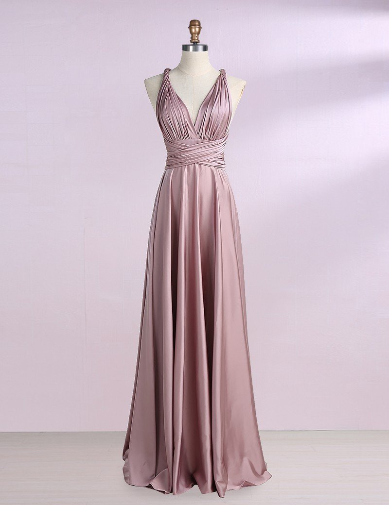A-line V-neck Satin Convertible Prom Bridesmaid Dress