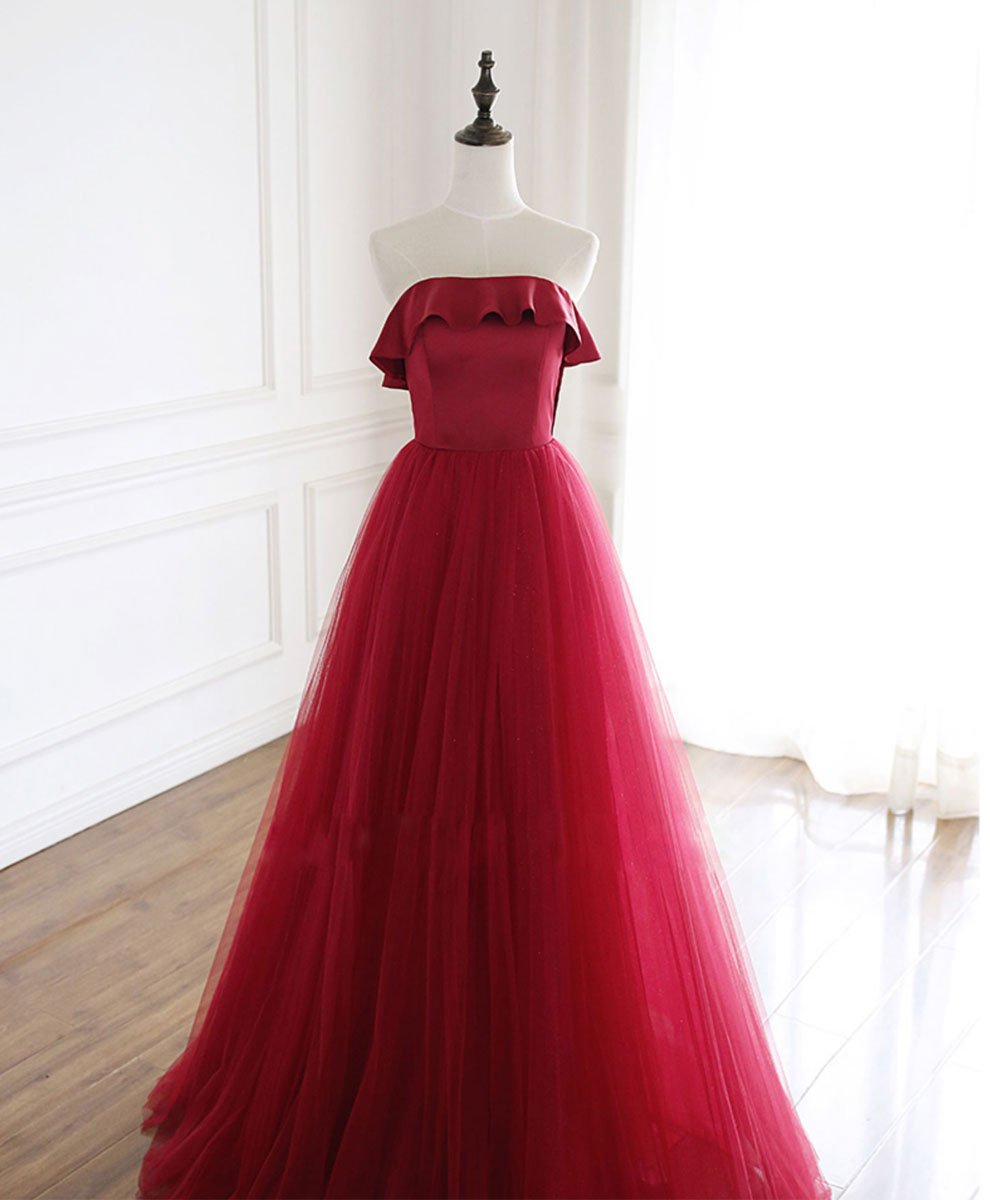 Simple burgundy tulle long prom dress burgundy formal dress