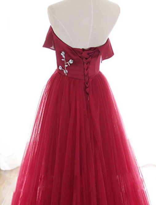 Simple Burgundy Two Pieces Tulle Long Prom Dress, Burgundy Evening Dress