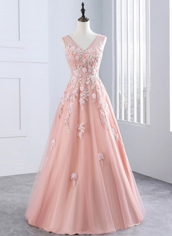 Appliques A-line Tulle Formal Prom Dress, Beautiful Long Prom Dress, Banquet Party Dress