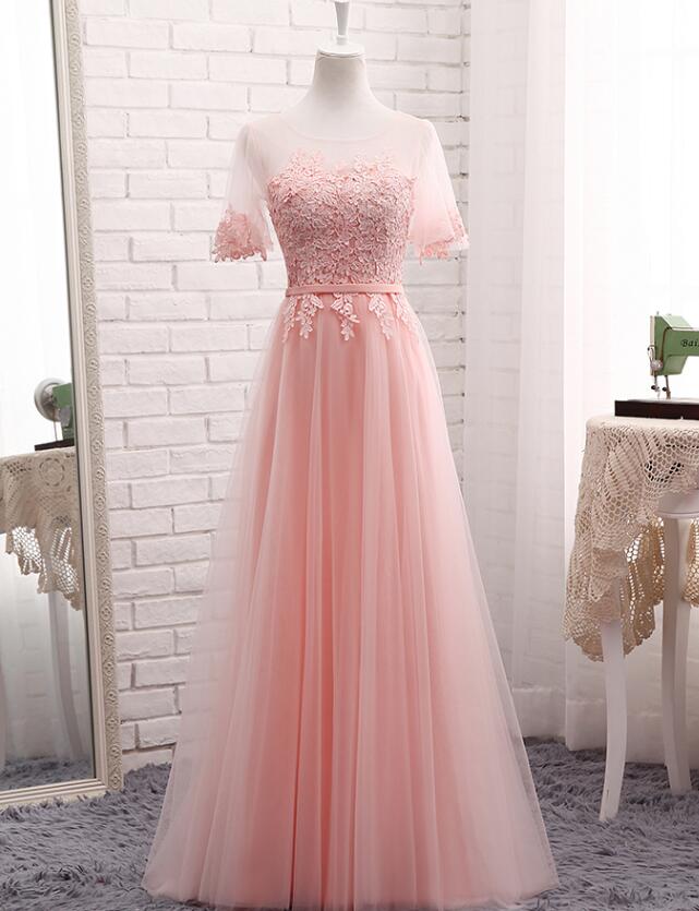 Elegant Sleeves Tulle O-neckline Formal Prom Dress, Beautiful Long Prom Dress, Banquet Party Dress