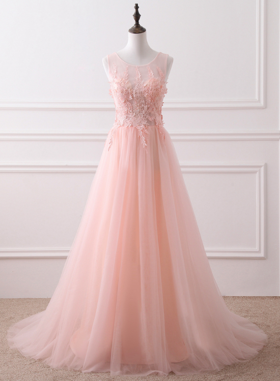 Elegant Tulle Round Lace Applique Formal Prom Dress, Beautiful Long Prom Dress, Banquet Party Dress
