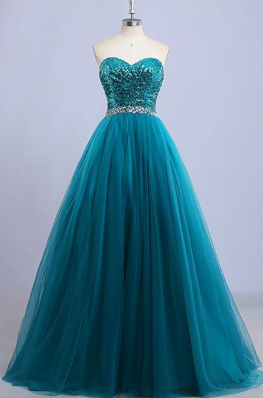 Elegant Sweetheart Sequined Tulle Formal Prom Dress, Beautiful Long Prom Dress, Banquet Party Dress
