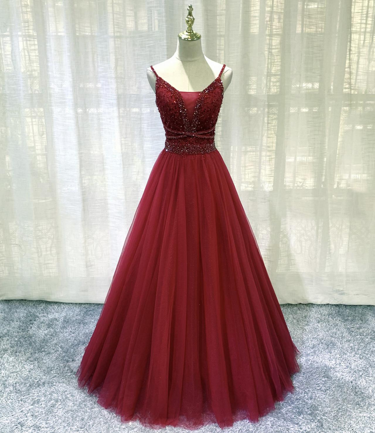 Elegant Tulle Beads Formal Prom Dress, Beautiful Long Prom Dress, Banquet Party Dress