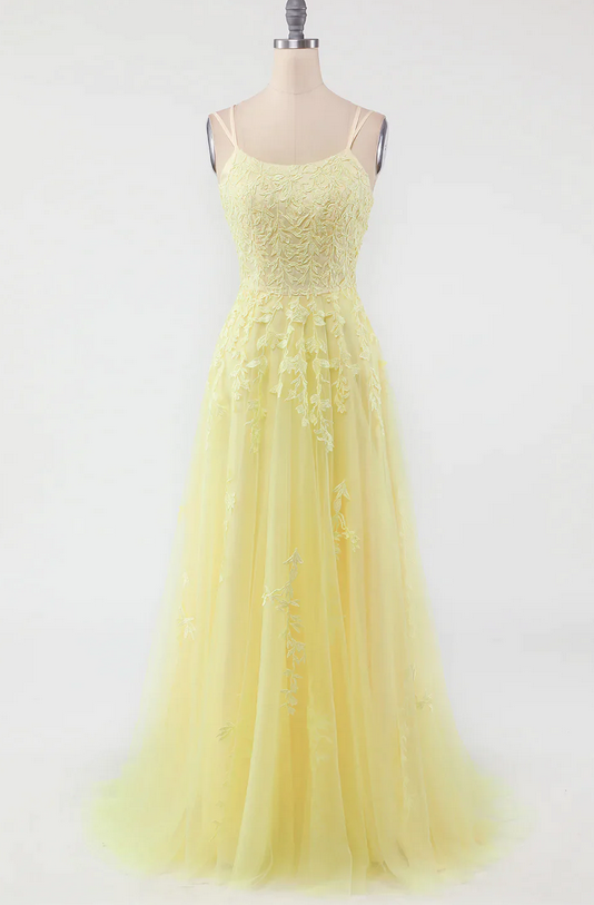 Elegant Straps Applique Tulle Formal Prom Dress, Beautiful Long Prom Dress, Banquet Party Dress