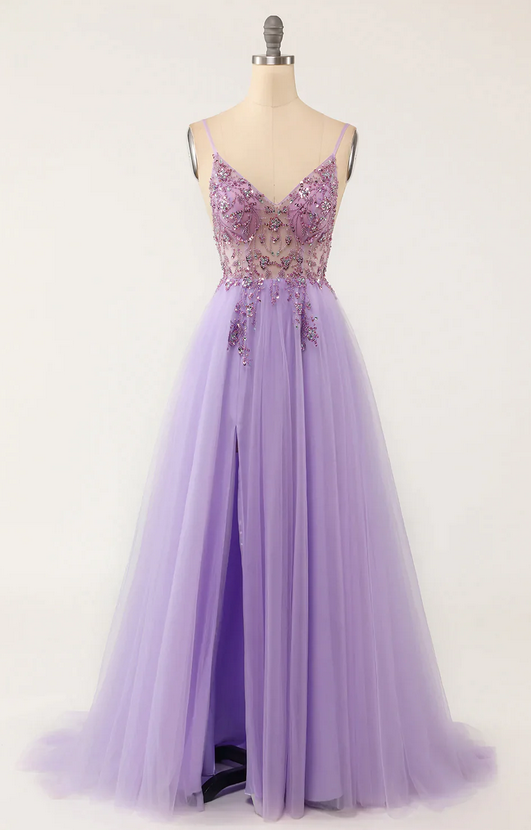 Elegant Straps Beaded Tulle Formal Prom Dress, Beautiful Long Prom Dress, Banquet Party Dress