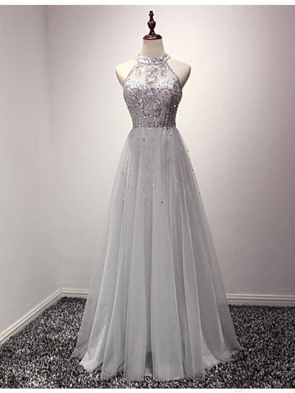Unique A line tulle sequin long prom dress retract your waist formal party dress main image 1