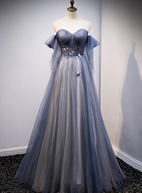 Simple Long A-line Sweetheart Tulle Backless Graduation Formal Evening Prom Dresses
