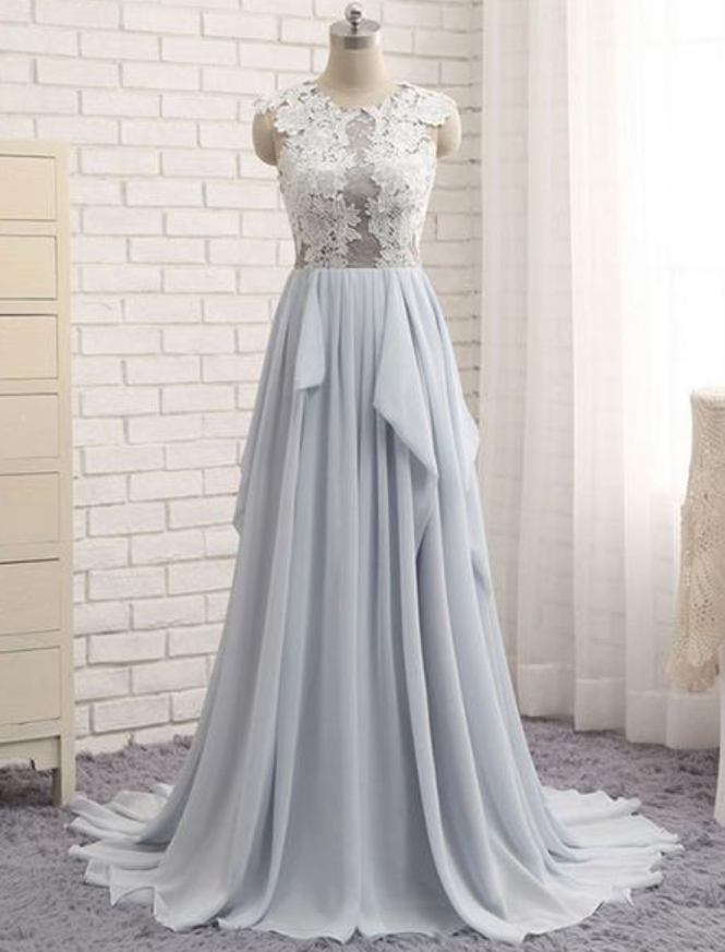 Elegant Sweetheart Chiffon Round Neckline With Lace Formal Prom Dress, Beautiful Long Prom Dress, Banquet Party Dress