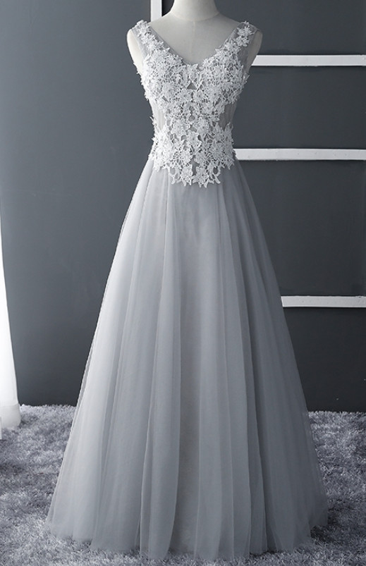 Elegant Sweetheart A-line V-neckline Lace Applique Tulle Formal Prom Dress, Beautiful Long Prom Dress, Banquet Party Dress