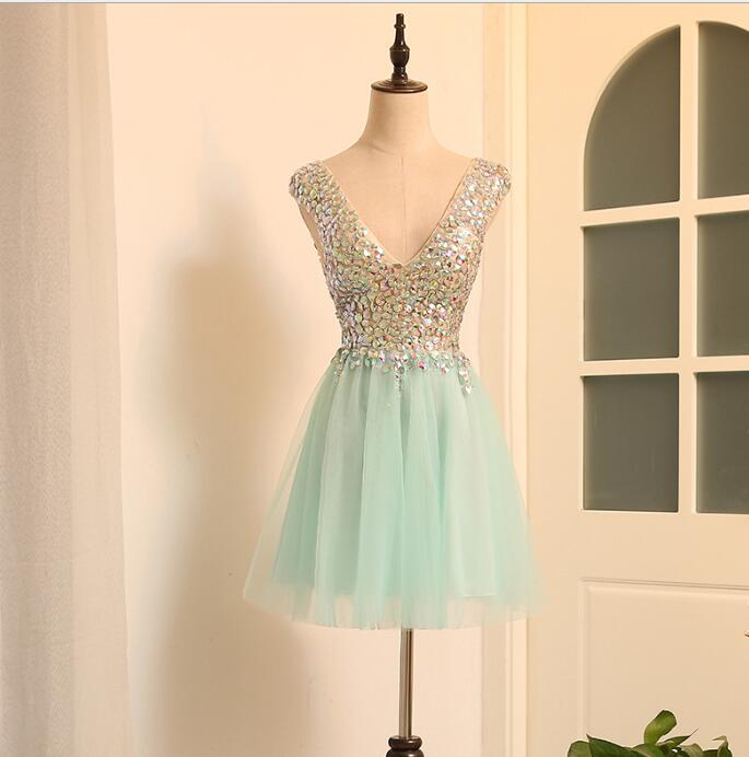 Elegant Sweetheart Sparkle Short V-neckline Short Tulle Formal Prom Dress, Beautiful Prom Dress, Banquet Party Dress