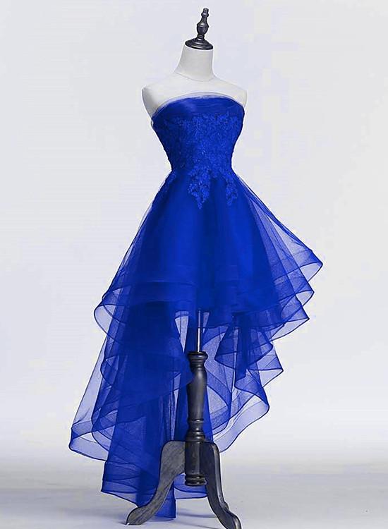 blue short front long back dress Elegant Sweetheart Tulle With Lace Applique High Low Homecoming Dress, Beautiful Short Dress, Banque On Luulla tie belt Approx