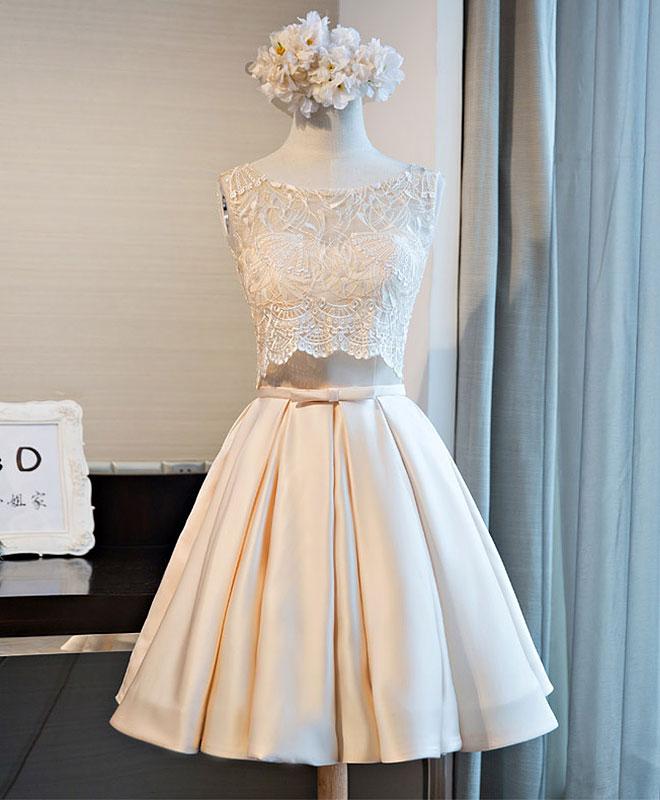 Elegant Sweetheart Lace Two Pieces Satin Homecoming Dress, Beautiful Short Dress, Banquet Party Dress