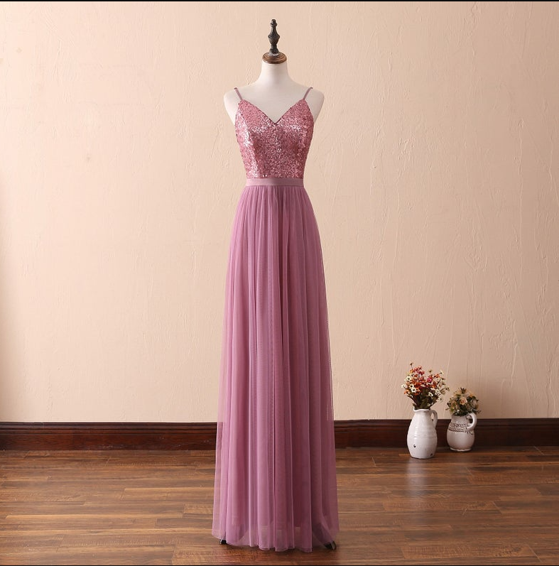Sparkling Sequined Prom Dress Long,sexy Spaghetti V-neck Evening Dress With Low Back,formal Party Dress,bridesmaid Dress Tulle