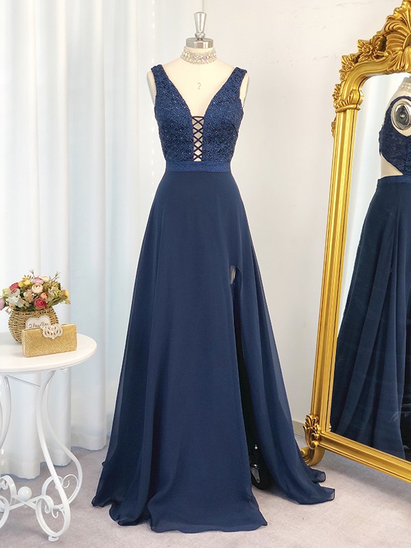 Elegant Beading Floor-length Chiffon Sleeveless V-neck Dress ,formal Party Dress,prom Dress