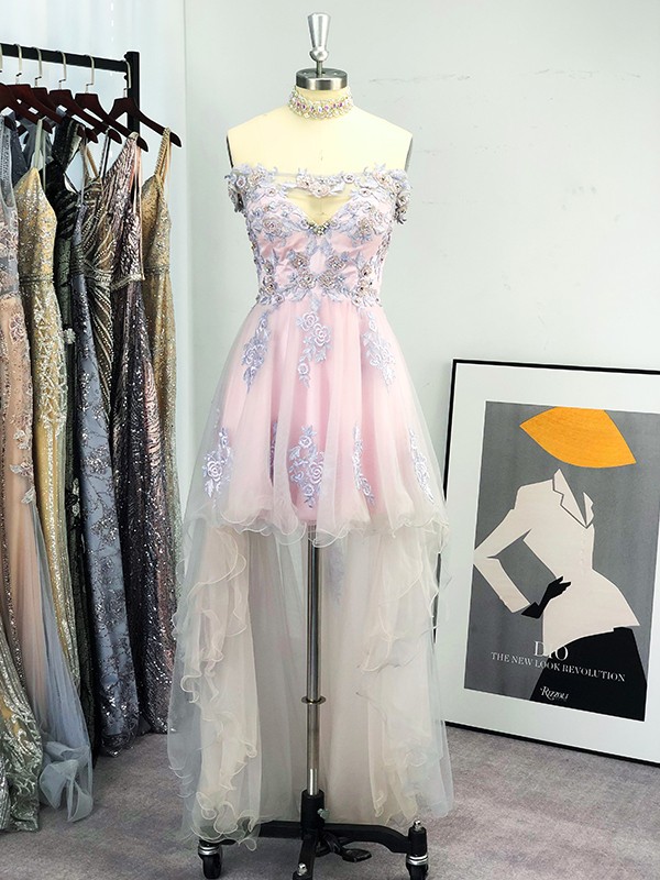 A-Line/Elegant Sleeveless Off-the-Shoulder Tulle Applique Floor-Length Two Piece Prom Dresses main image 1