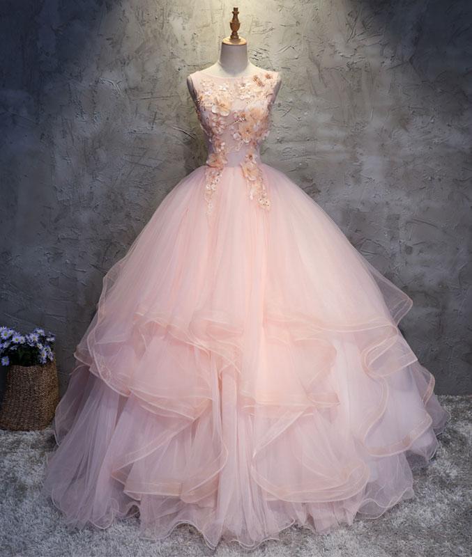 Elegant A-line Round Neckline Lace Applique Tulle Formal Prom Dress, Beautiful Long Prom Dress, Banquet Party Dress