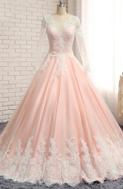 Elegant V Neck Long Sleeves Lace Applique Tulle Formal Prom Dress, Beautiful Long Prom Dress, Banquet Party Dress