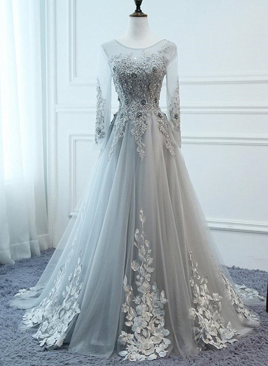 Elegant Long Sleeves V-neckline Tulle Formal Prom Dress, Beautiful Long Prom Dress, Banquet Party Dress
