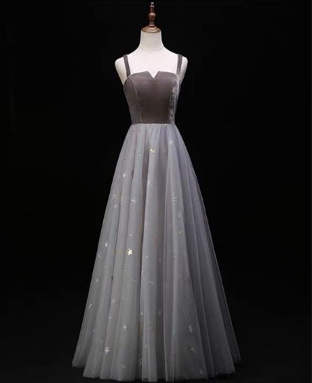 Elegant A-line Straps V-neckline Tulle Formal Prom Dress, Beautiful Long Prom Dress, Banquet Party Dress