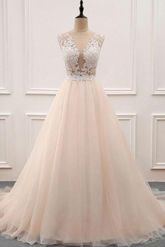 Elegant A-line Round Neckline Lace Applique Tulle Formal Prom Dress, Beautiful Long Prom Dress, Banquet Party Dress