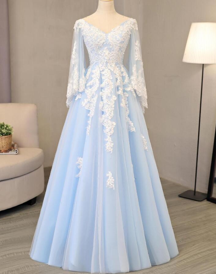 Elegant A-line Long Sleeves Tulle With Lace Formal Prom Dress, Beautiful Long Prom Dress, Banquet Party Dress