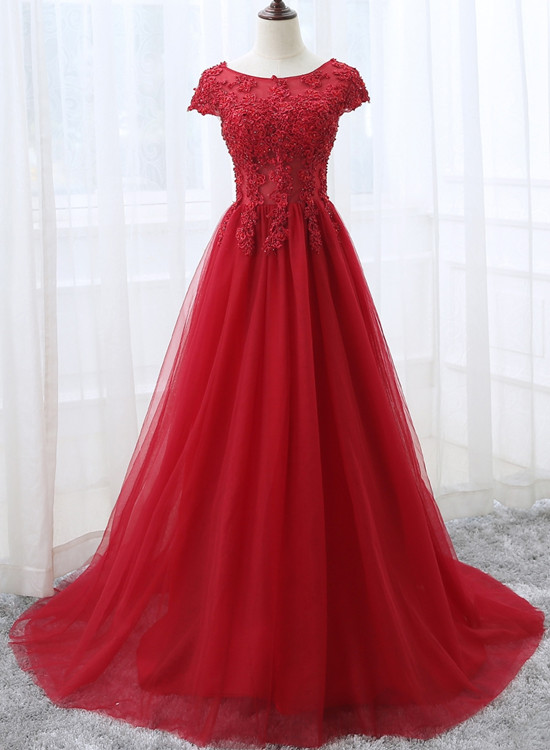 Elegant A-line Round Neckline Tulle Applique Lace Formal Prom Dress, Beautiful Long Prom Dress, Banquet Party Dress