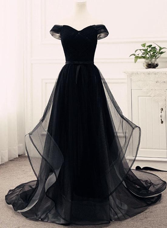 Elegant Off-the-shoulder Tulle A-line Formal Prom Dress, Beautiful Long Prom Dress, Banquet Party Dress