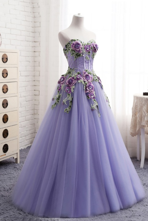 Prom Dresses,sweetheart Lavender Tulle Long Dress Applique Evening Gown, Senior Prom Dress
