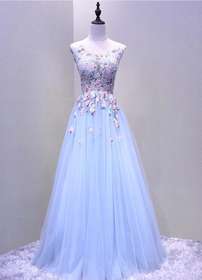 Prom Dresses,light Blue Beaded Round Neckline Tulle Formal Gown, Charming Party Dress