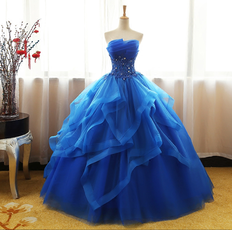 Prom Dresses,royal Blue Lace Applique Ruffle Prom Dress, Strapless Sarong Party Dress