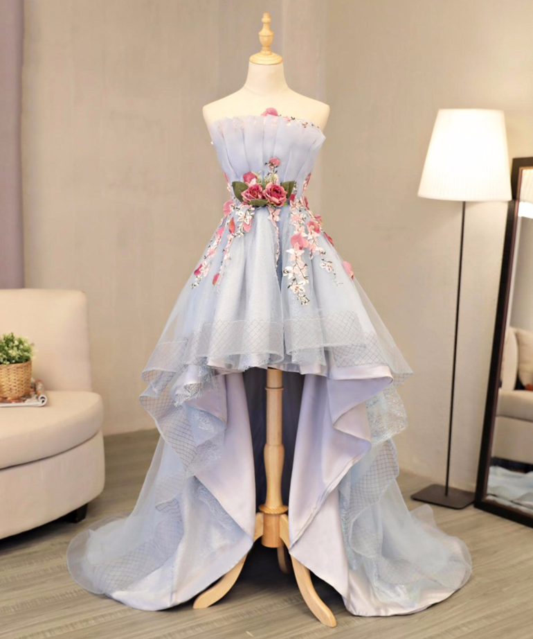 Homecoming Dresses,cute Princess Dress, Sky Blue Tulle Strapless High Low Flower Applique Back To School Dress, Party Dress