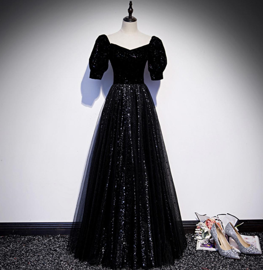 Prom Dresses,princess Long Short Sleeve Dress,black Glitter Sequin Prom Dress,glitter Formal Dinner Dress