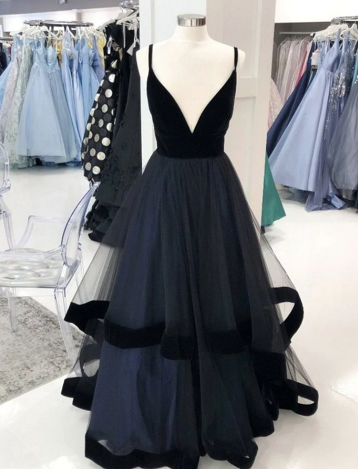 Prom Dresses,a-line V-neck Black Velvet Tulle Prom Dress, Long Princess Dinner Dress, Elegant Halter Backless Sexy Prom Dress