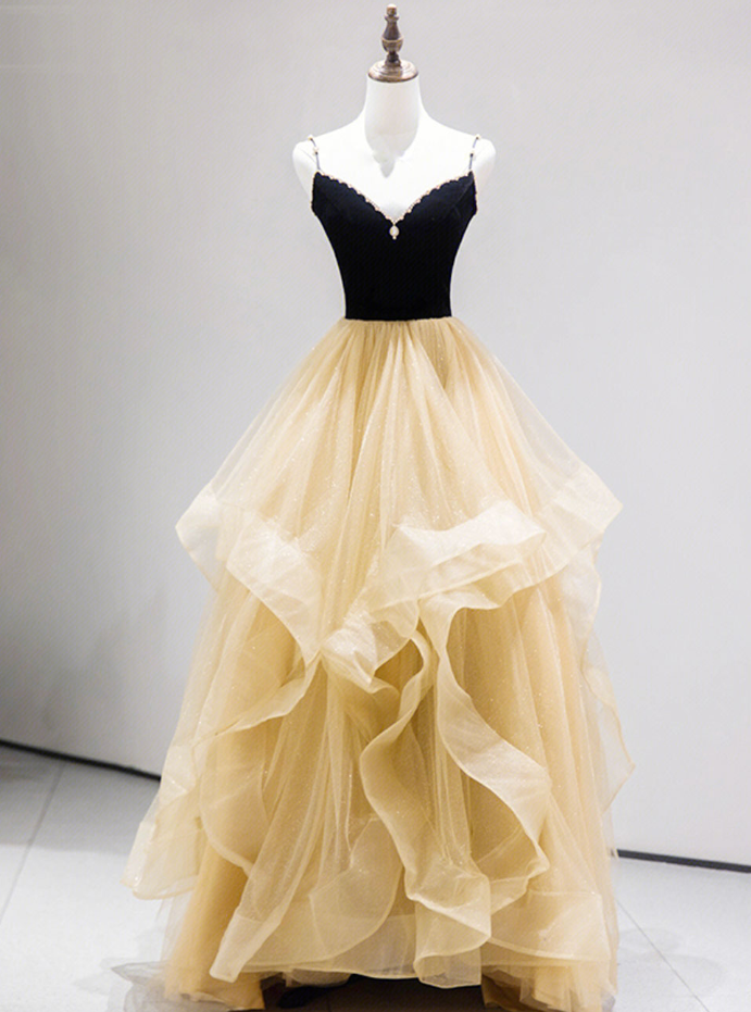 Prom Dresses,a-line Version Of The Champagne Party Dress, Champagne And Black Straps Tulle Long Dress, Homecoming Dress