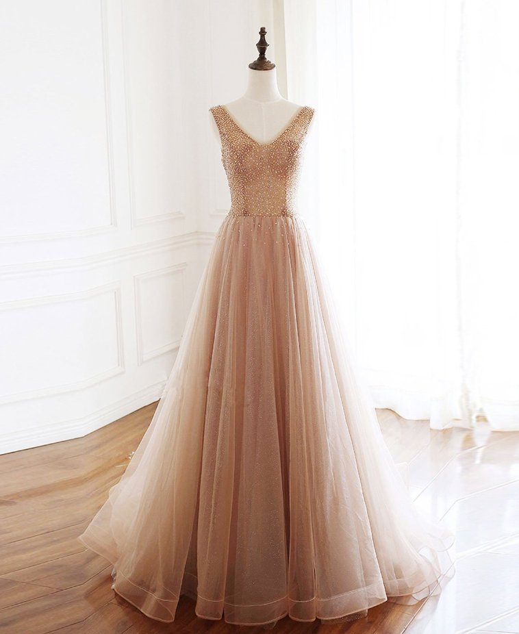 Prom Dresses,champagne V-neck Tulle Beaded Long Prom Dresses Evening Dresses,  Dinner Long Dresses on Luulla