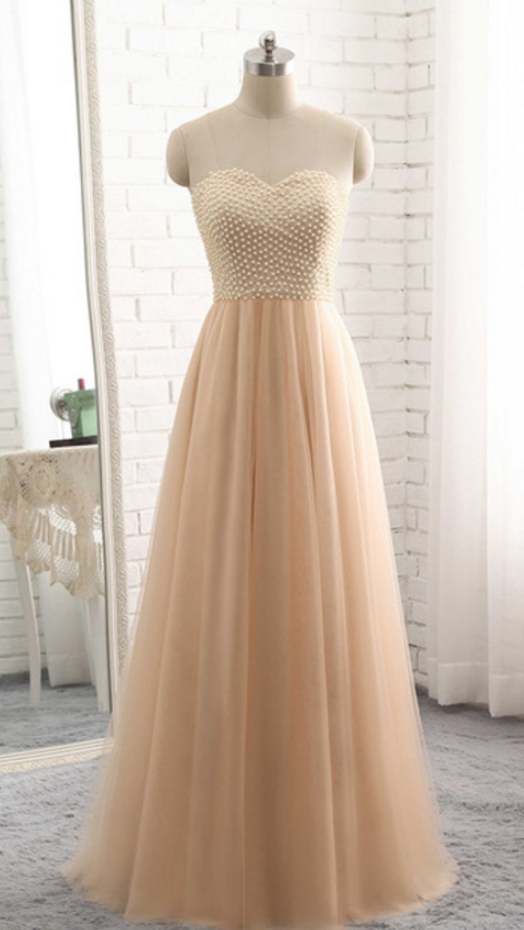 Prom Dresses,bridesmaid Dresses, Champagne Tulle Long Prom Dresses , Beaded Party Dresses, Formal Dresses