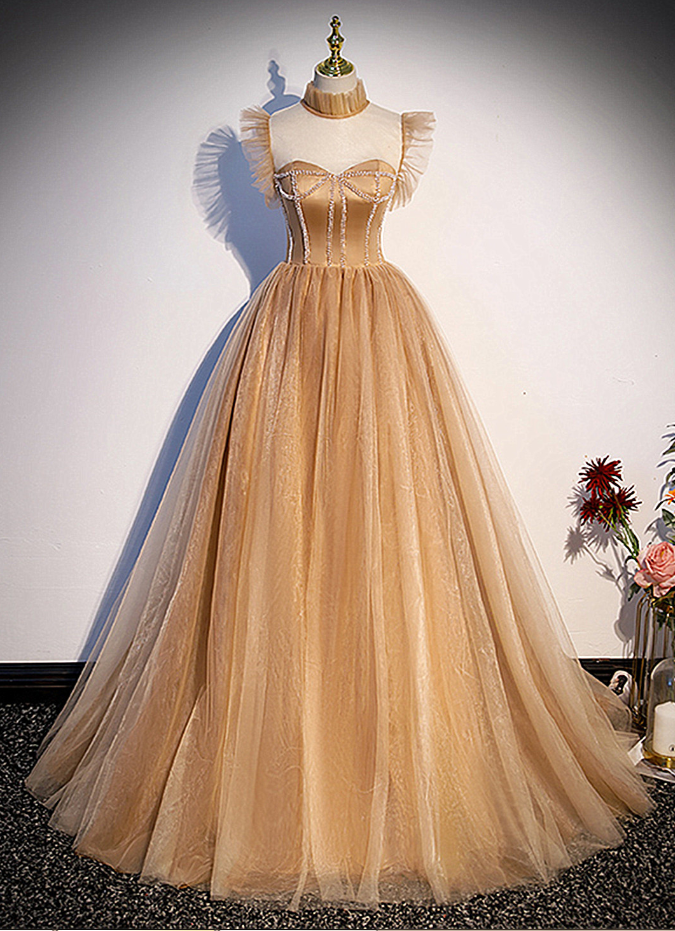 Prom Dresses,bar Mitzvah Party Dress, Lovely Tulle Beaded Long Sweet Formal Dress, Champagne Party Dress
