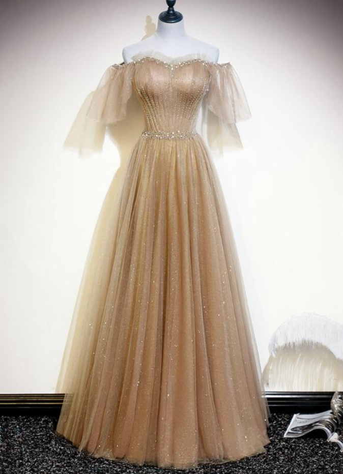 Prom Dresses,shiny Tulle Long Gown, Lovely Strapless Light Champagne Color Long Dress, Host Long Dress
