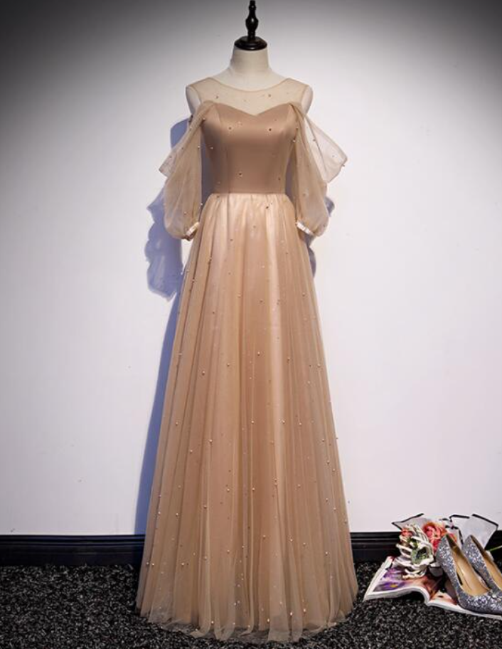 Prom Dresses,a-line Version Long Dress Champagne Tulle Drop Shoulder Sleeve Evening Dresses,friends Party Long Dress