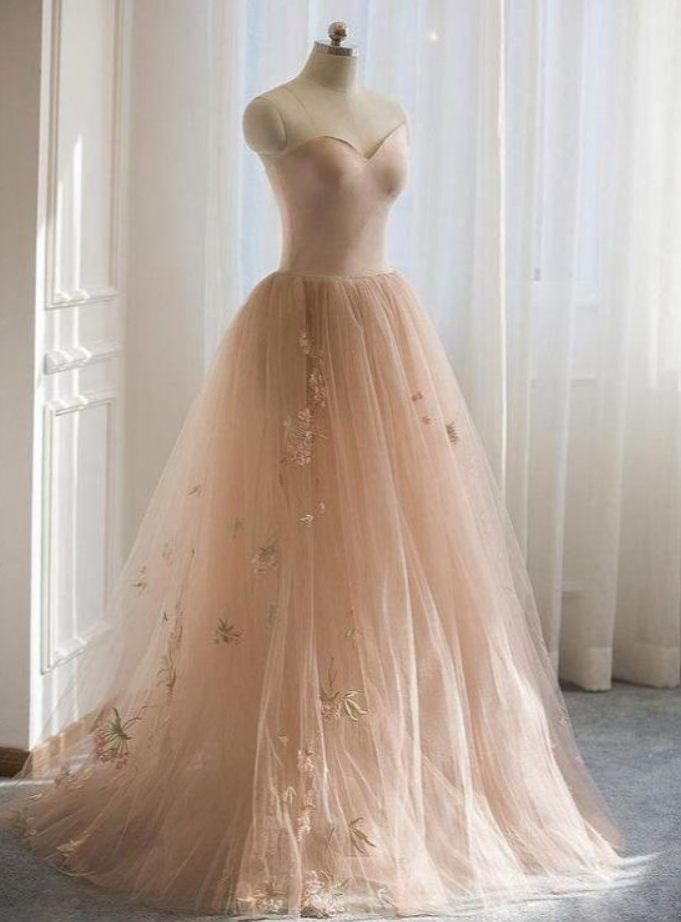 Prom Dresses,champagne Lace Sweetheart Tulle A-line Long Formal Dress With Floor-length Skirt