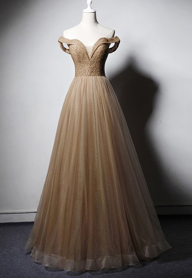 Prom Dresses,deep Champagne Strapless Crystal Beaded Long A-line Prom Dress, Dinner Dress