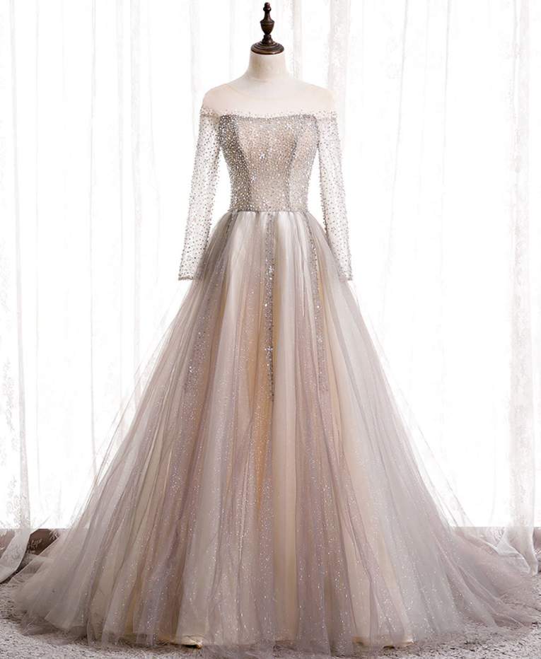Prom Dresses,sequin Evening Dress, Light Champagne Tulle Sequin Long Prom Dress, Temperament Star Long Dress