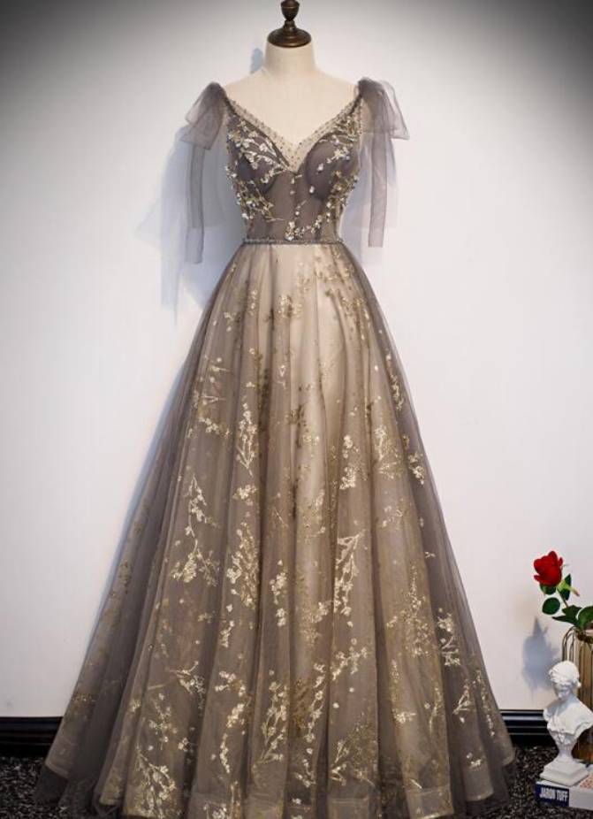 Prom Dresses,exquisite Evening Dresses, Champagne Lace A-line V-neck Long Party Dresses Prom Dresses