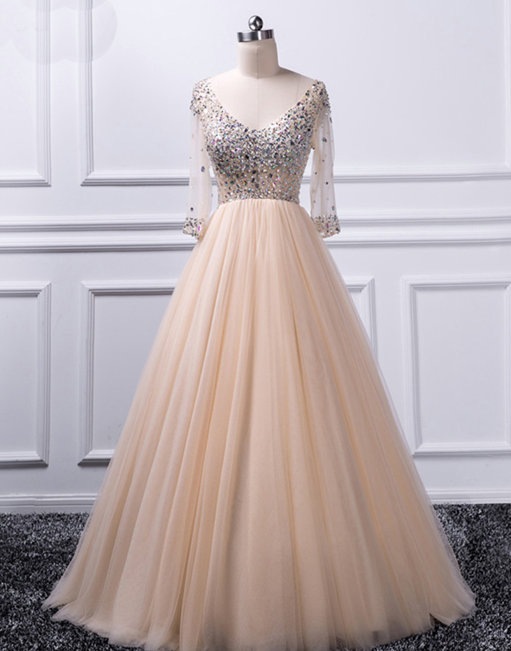 Prom Dresses,long V-neck Tulle Prom Dress, A-line Champagne Prom Dress With Sleeves, Sparkling Evening Dress With Beads
