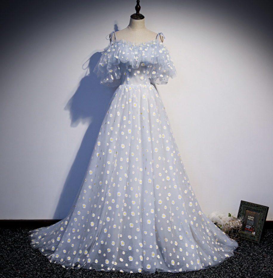 Prom Dresses,fairy Flower Flower Blue Long Dress, Birthday Party Evening Dress