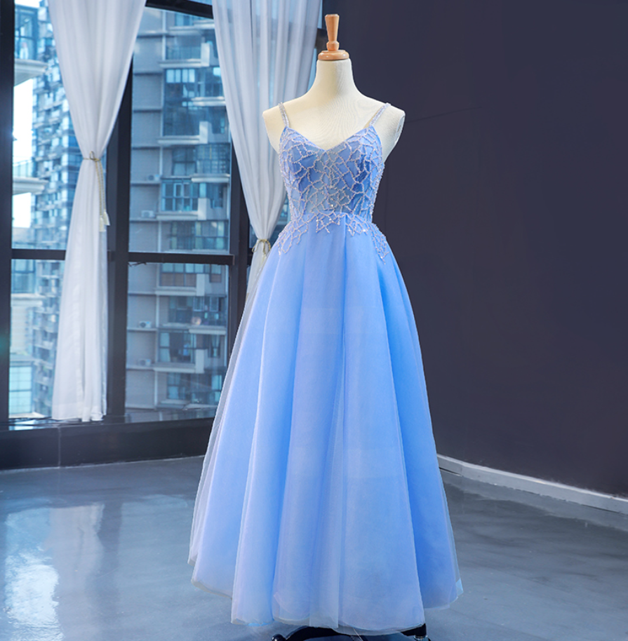 Prom Dresses,blue Tulle Beaded Long V-neckline Party Dress, Blue Fashionable Formal Dress Prom Dress