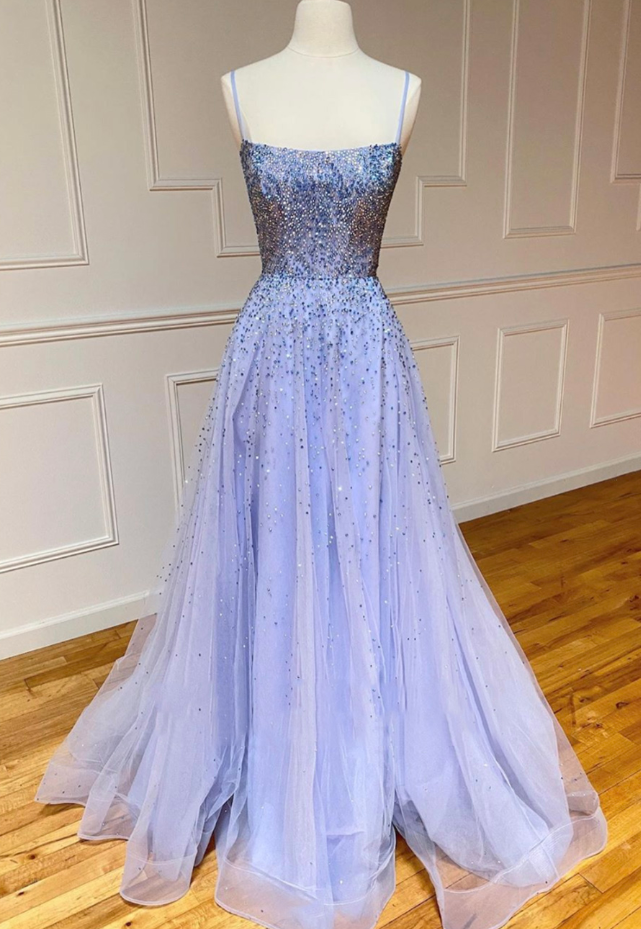 Prom Dresses,blue Tulle Beaded Long Prom Dresses Evening Dress, Backless Long Dress